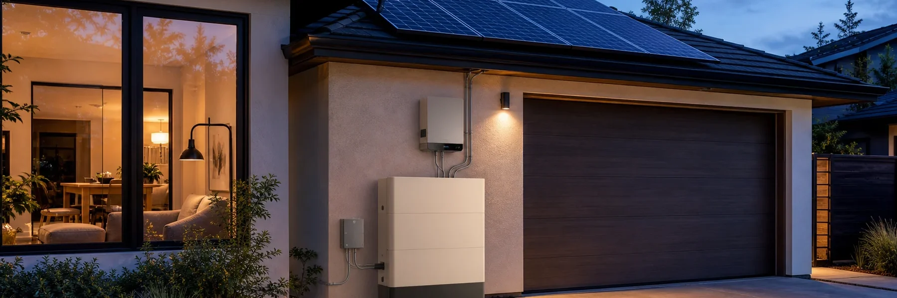 Home solar and battery energy system at dusk