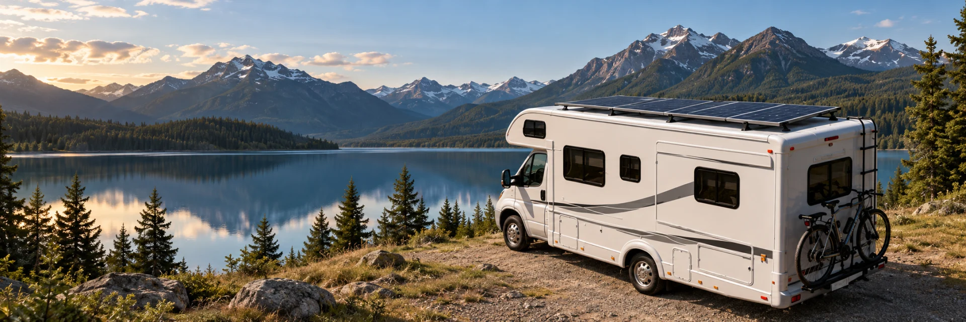 Motorhome with rooftop photovoltaic modules beside a mountain lake