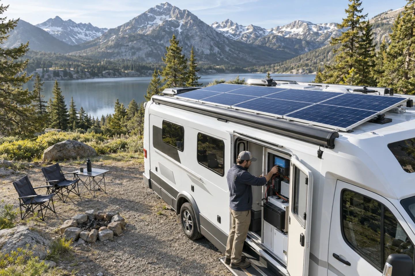 Technician checking an RV energy system beneath a rooftop solar array
