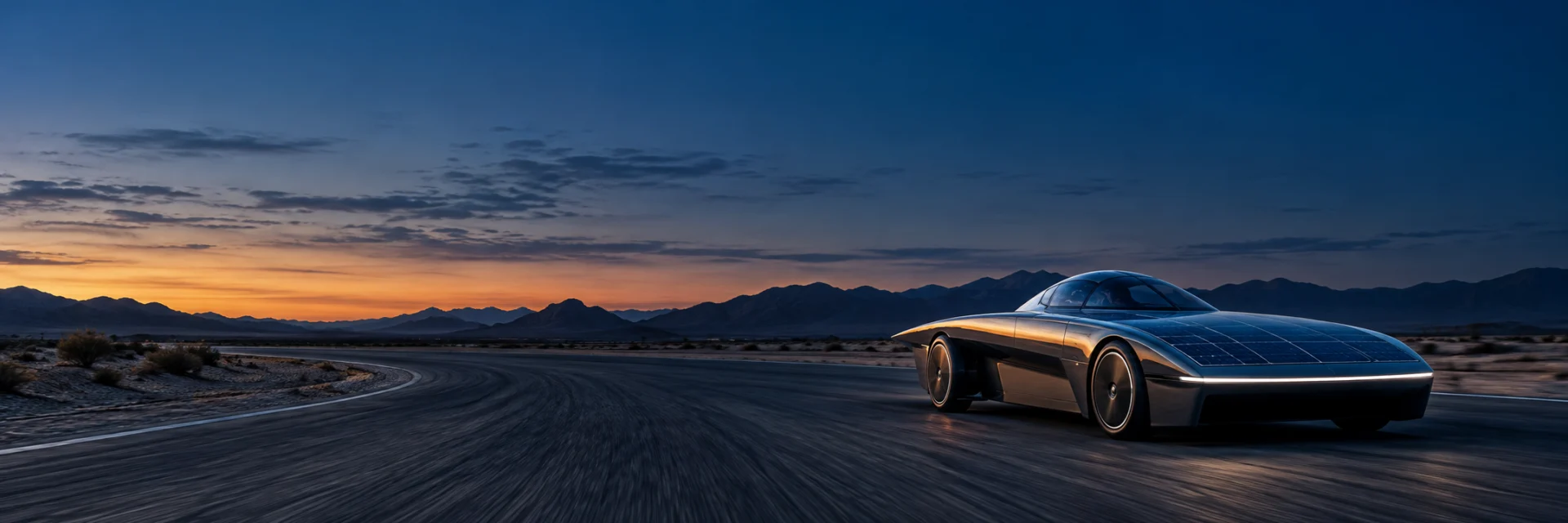 Solar racing car crossing a desert test circuit at blue hour