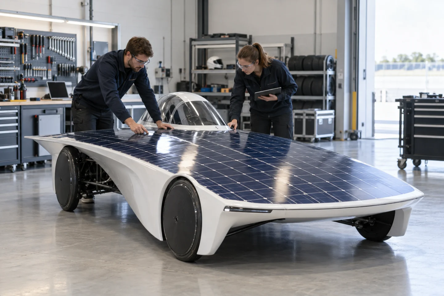 Engineers inspecting the photovoltaic canopy of a solar racing car