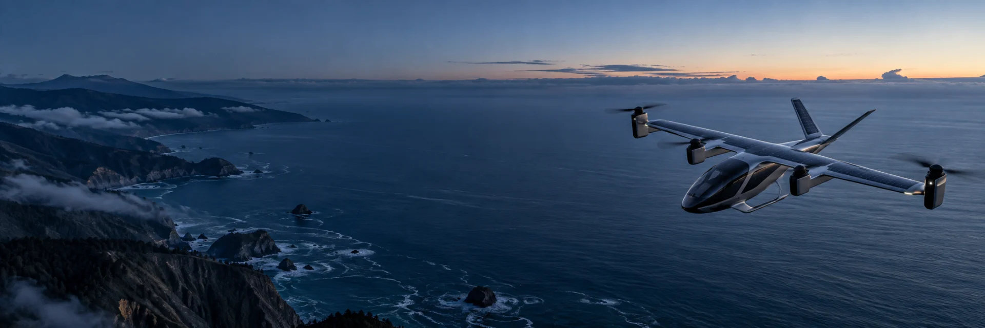 Solar-assisted eVTOL aircraft flying above a rugged coastline
